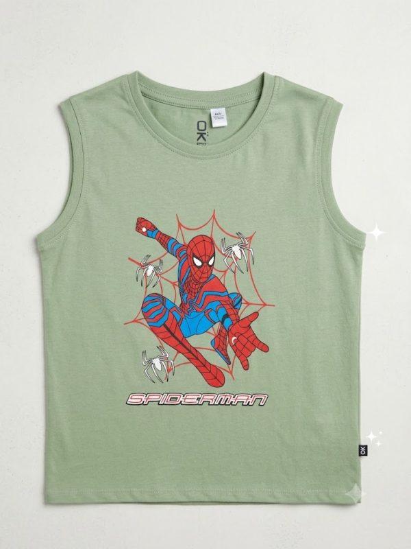 kids cotton spiderman sleeveless jumpsuit – light olive green