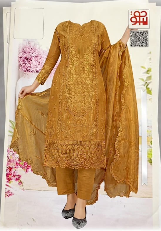 premium pakistani brown golden heavy work three piece